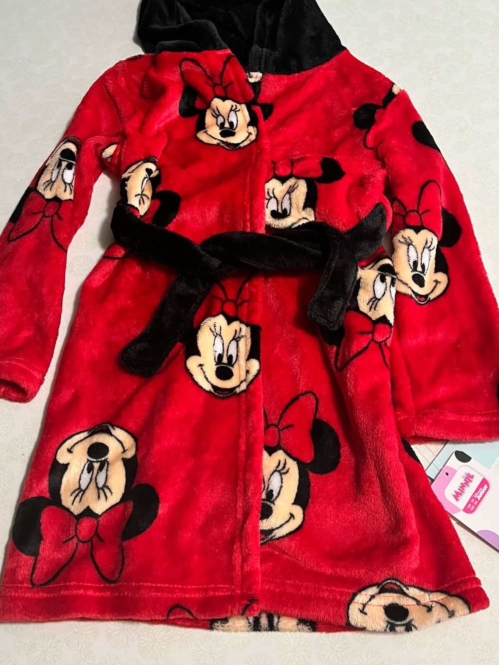 Disney Minnie Mouse Red Hooded Plush Kids Robe with Black Belt